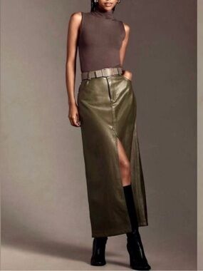 Anthropologie Pilcro The Madi Faux Leather Front Slit Maxi Skirt in Moss, size 2